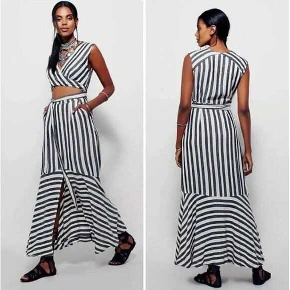 FREE PEOPLE | LA Baby Striped Wrap Cutout Midi Dress Gray White | Size 2 - Picture 1 of 7